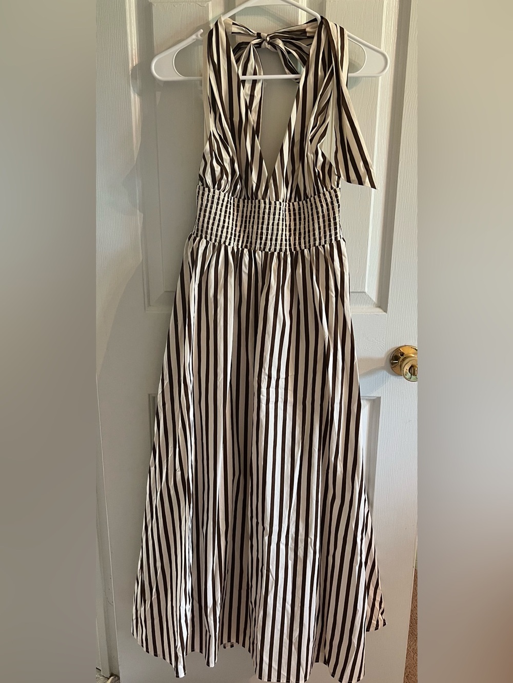Brown & Cream Striped Halter Dress “The Amalie” Striped Halter Midi Dress